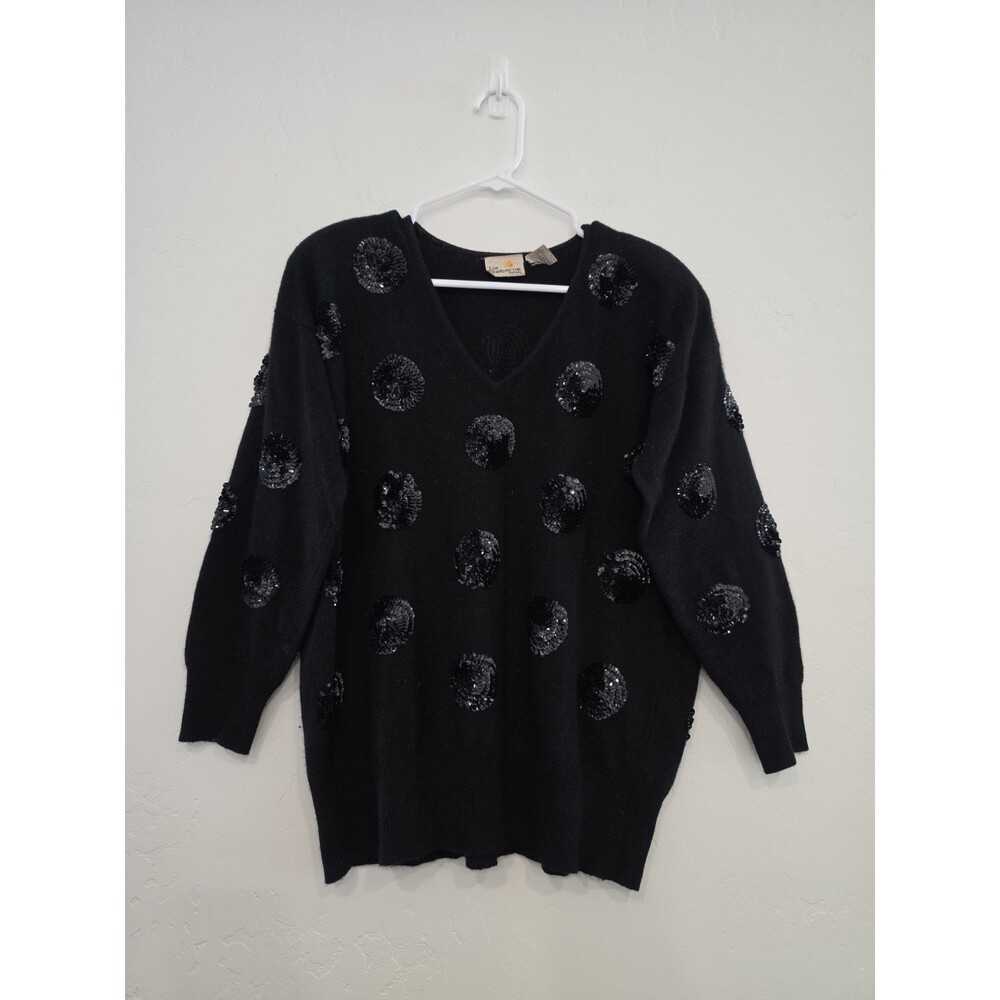 Liz Claiborne Vtg Black Lambs Wool/Angora V-Neck Sweater S Small Petite Sequins